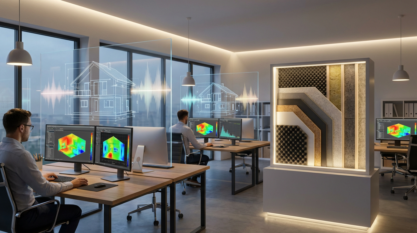 AI-powered acoustic simulation software showing sound wave heat maps overlaid on residential building plans