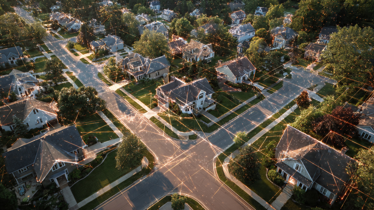 Suburban neighborhood with algorithmic data overlays showing property values