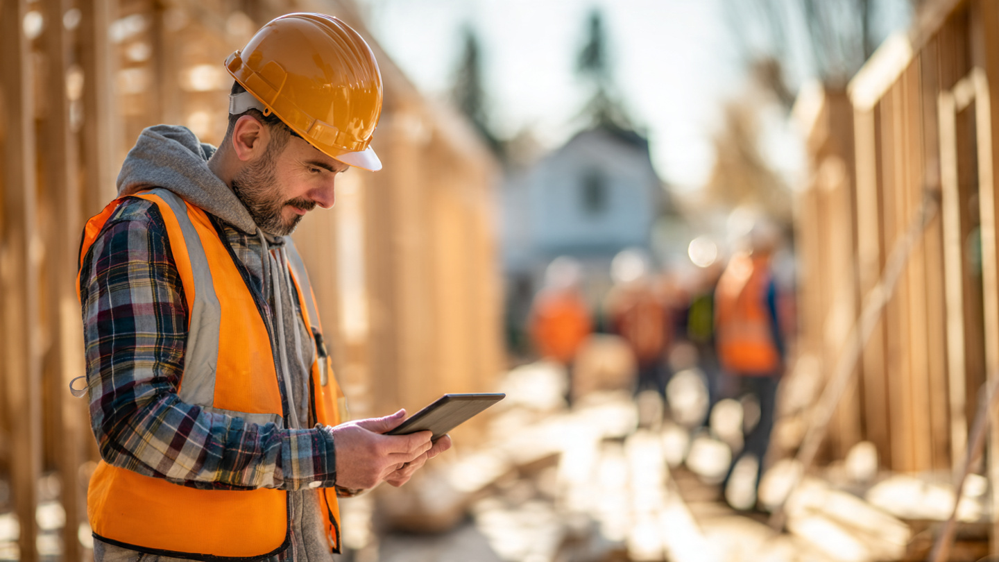 A young construction apprentice in a hard hat looking at a tablet on a job site while other workers walk away in the background