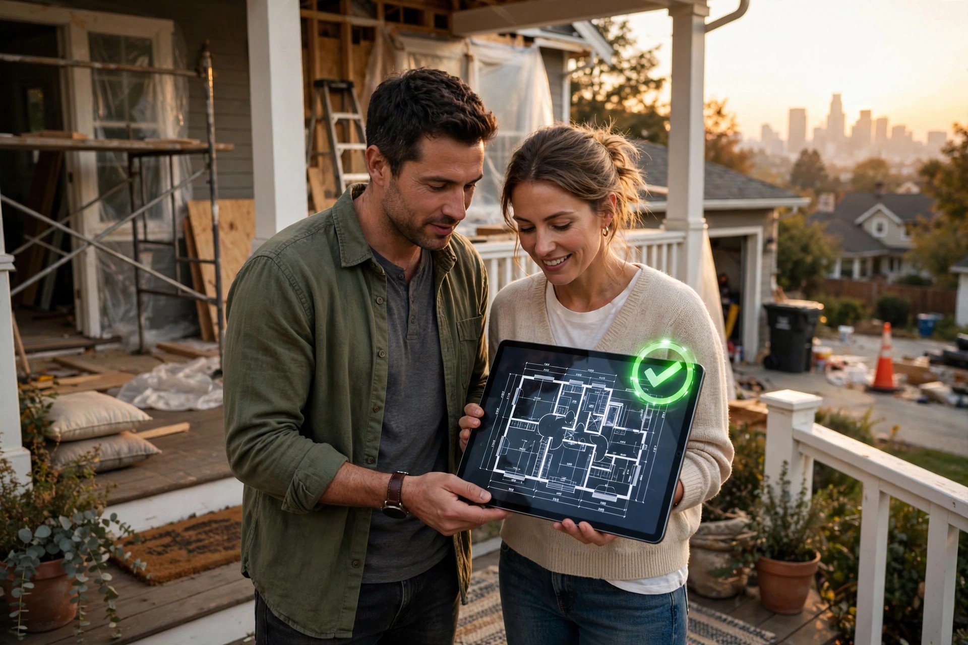 A building permit counter viewed through warm morning light, architectural blueprints spread beside a laptop showing an AI plan-check review interface with flagged markups