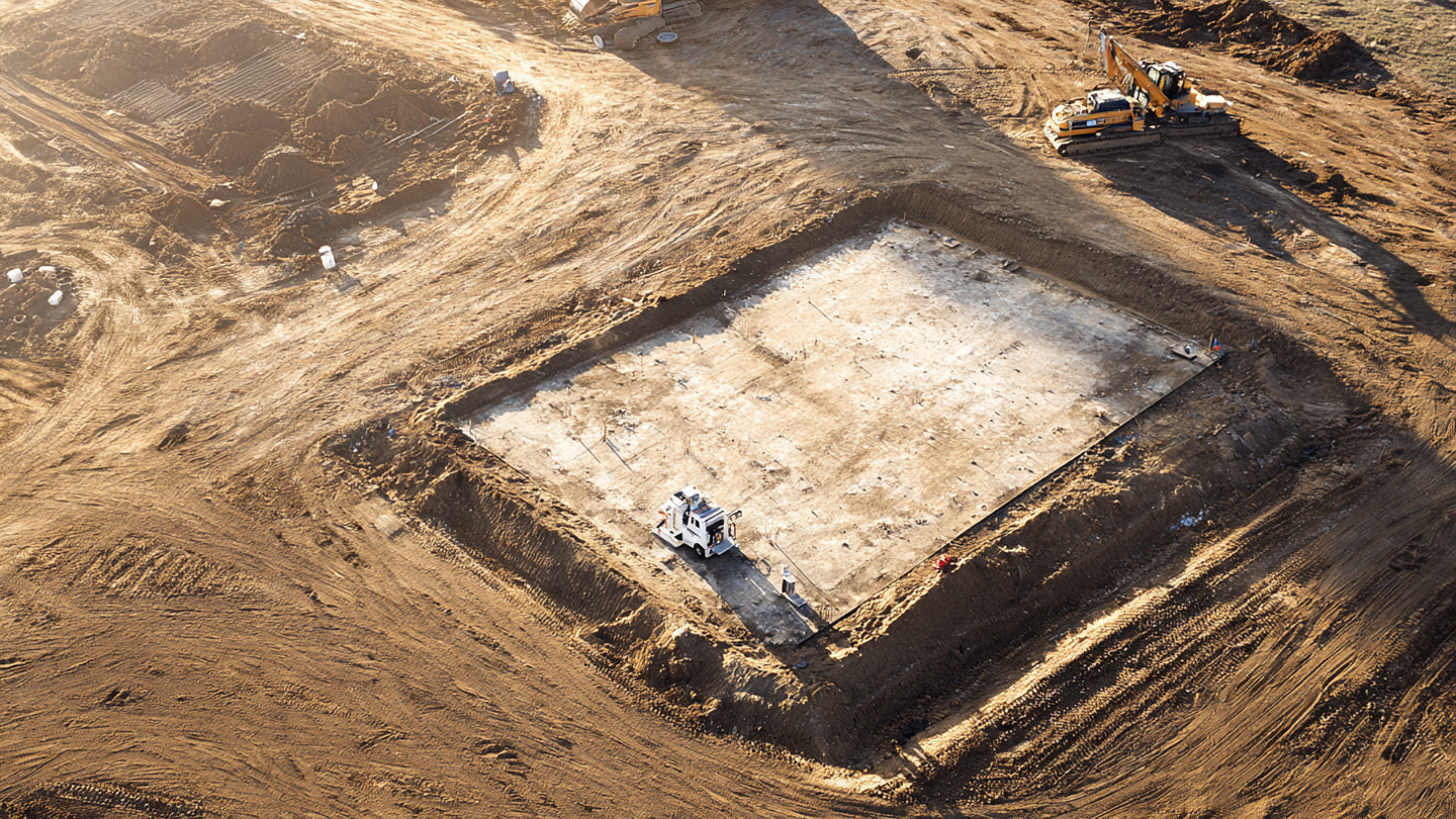 Aerial view of residential foundation pad with nuclear density gauge testing device on compacted soil