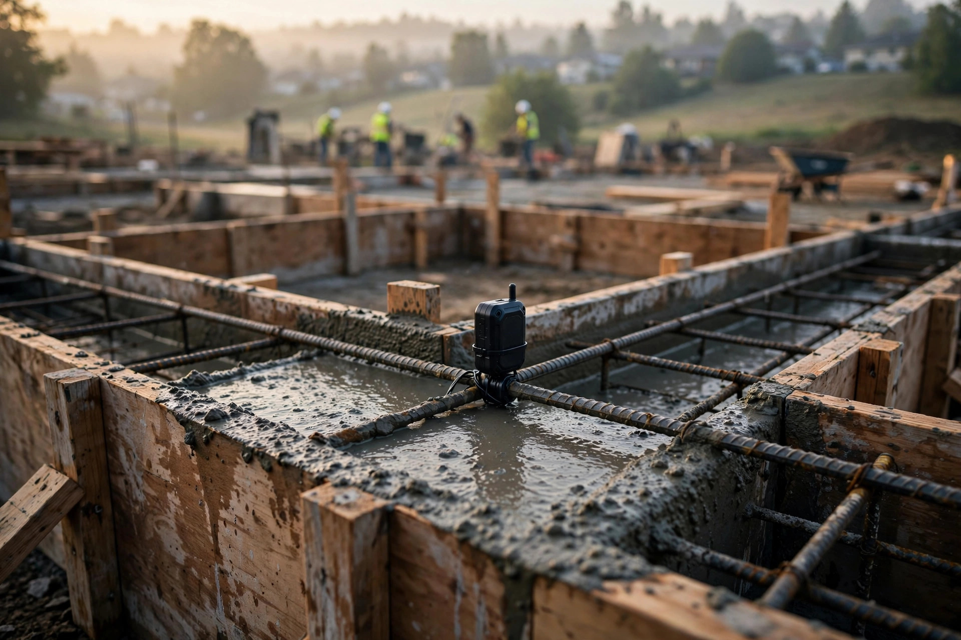 Concrete foundation wall forms on a residential job site at dawn, a small black wireless sensor strapped to steel rebar before the pour, warm morning light