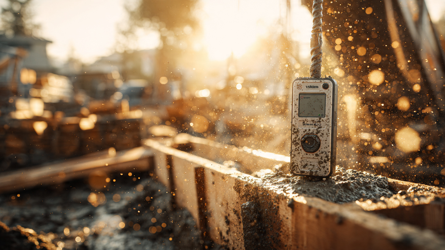 A wireless sensor zip-tied to rebar in a residential foundation form with wet concrete being poured