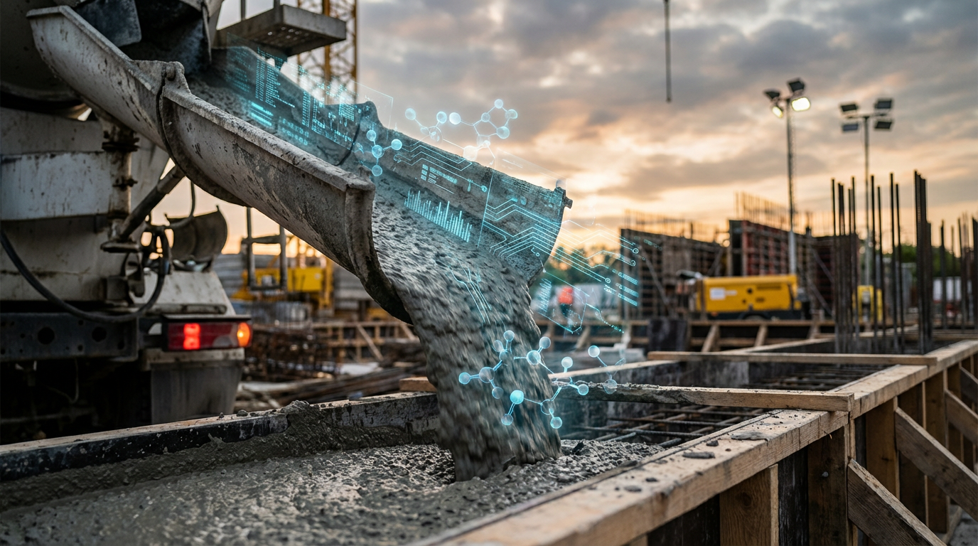 AI-optimized concrete being poured at a construction site with data overlays