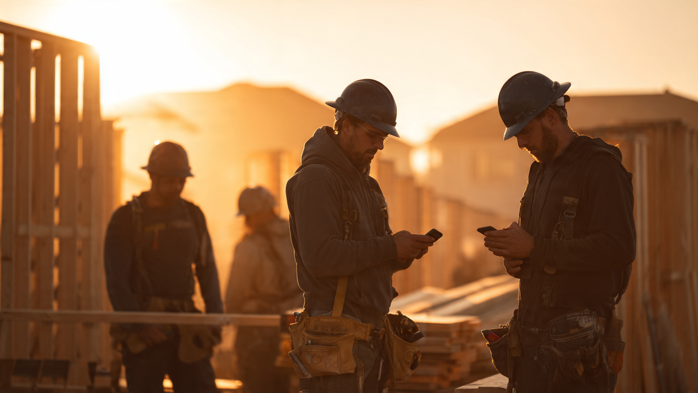 Construction workers checking phones on job site