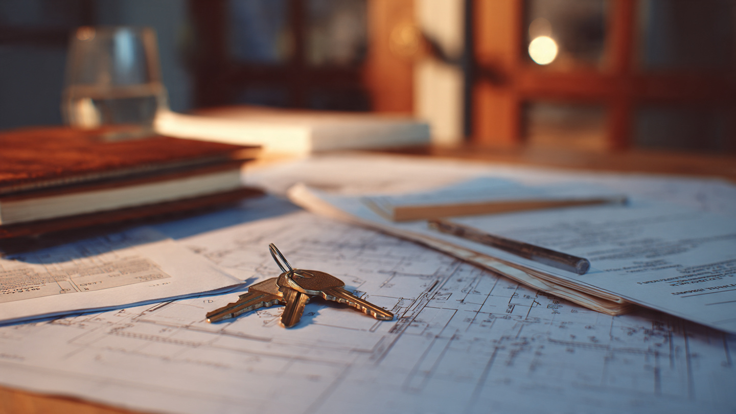 Legal document and house keys on construction table with blueprints