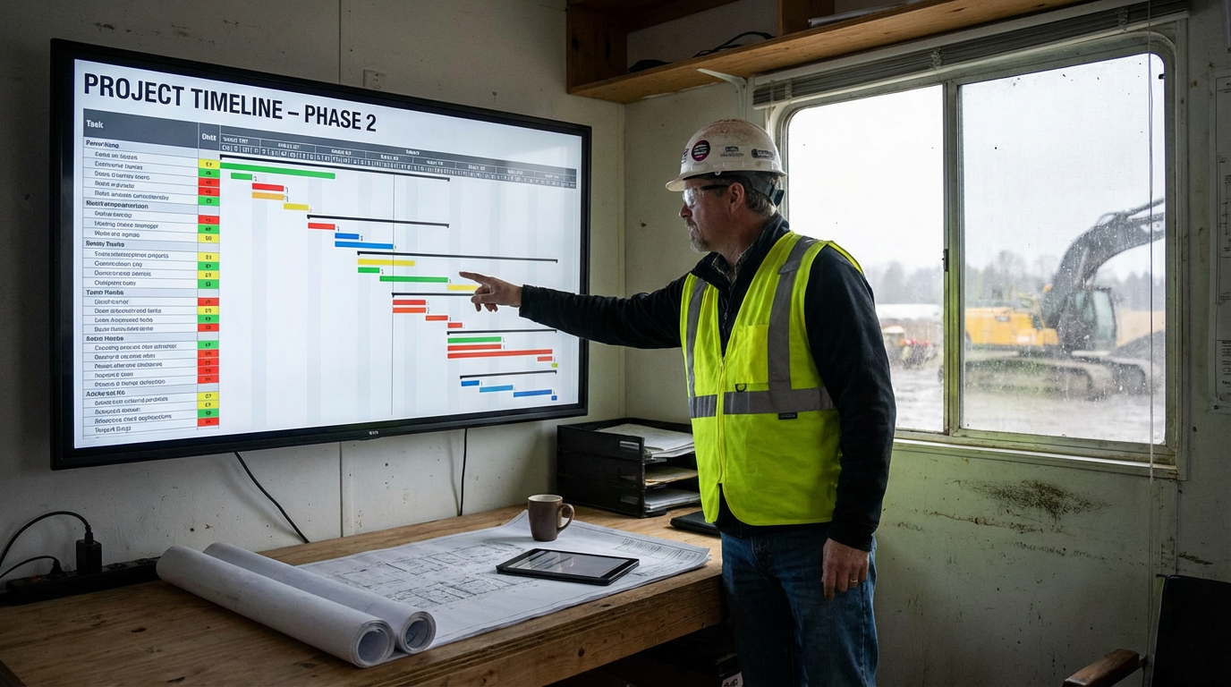 Construction superintendent reviewing a project timeline on a screen in a site trailer