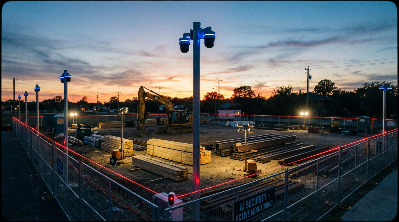 AI security cameras monitoring a construction site at dusk