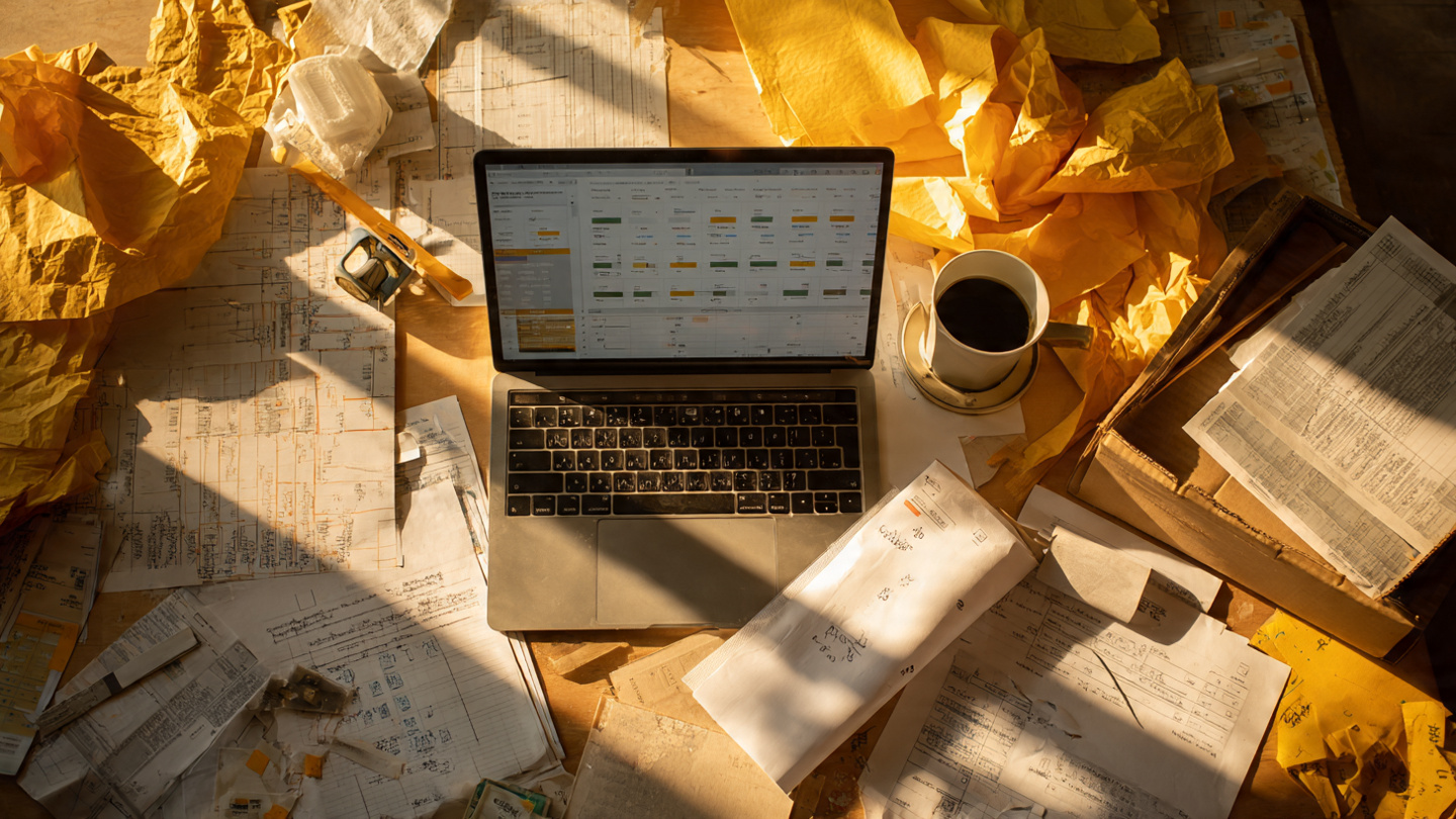 A cluttered construction office desk with a laptop showing a cost estimation dashboard, surrounded by crumpled paper estimates, a worn shoebox full of receipts, and a tape measure