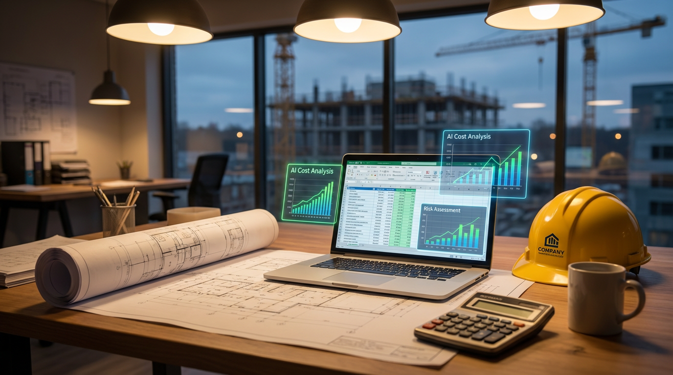 Construction office desk with blueprints and AI cost analysis on laptop