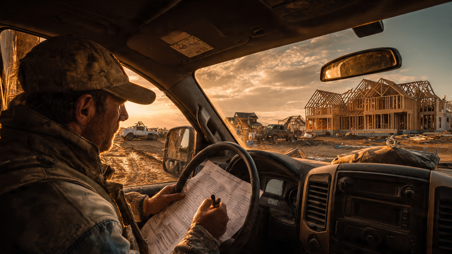 Superintendent filling out paperwork in a pickup truck at a construction site