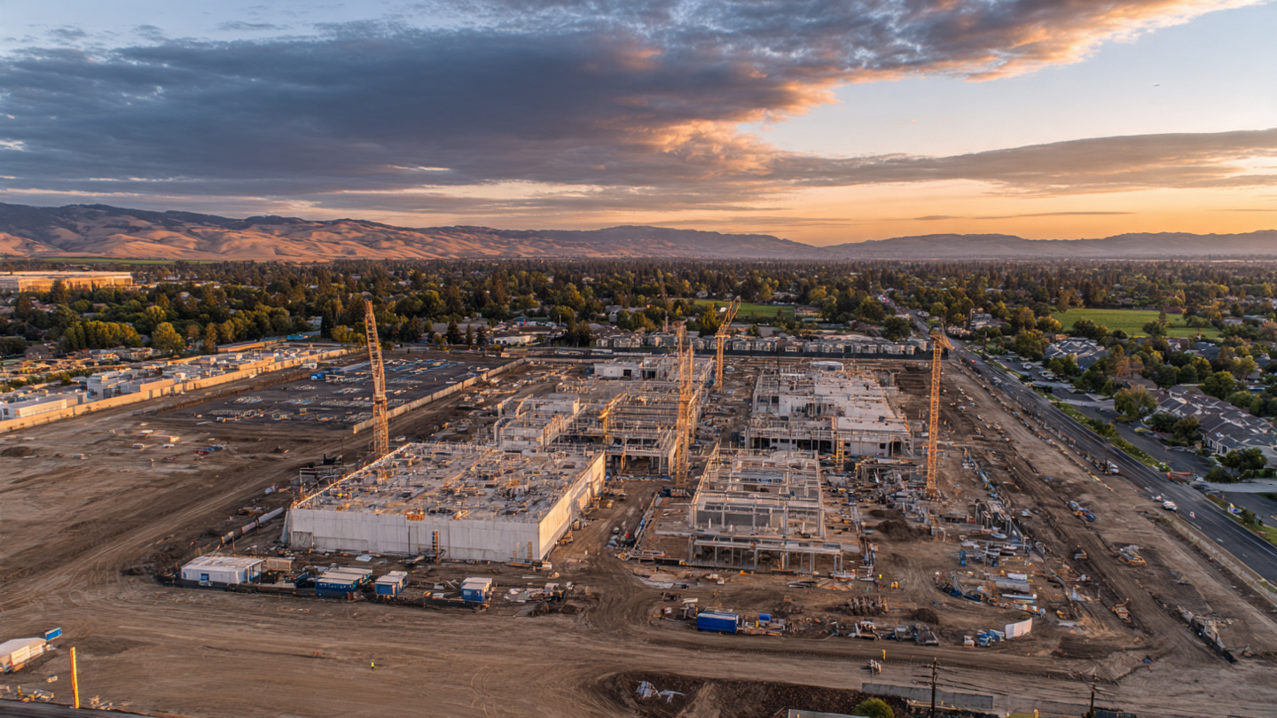Aerial view of data center construction site next to residential subdivision