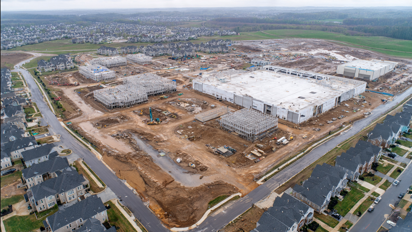 Aerial view of data center construction site adjacent to residential neighborhood