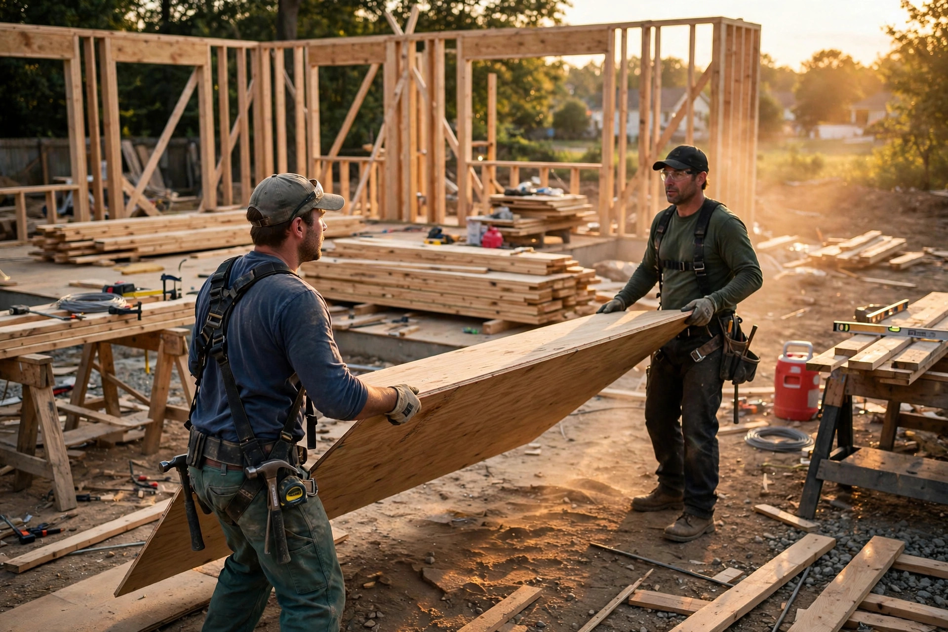 A framer wearing a soft back-support exosuit lifting a sheet of plywood on a residential job site at golden hour, wooden framing and a second crew member visible in warm light