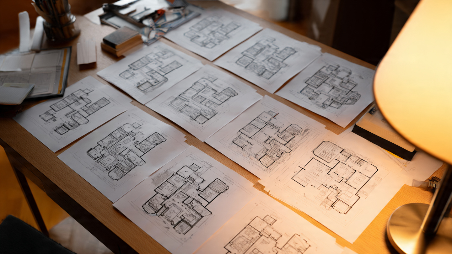 AI-generated apartment floor plans on architect drafting table