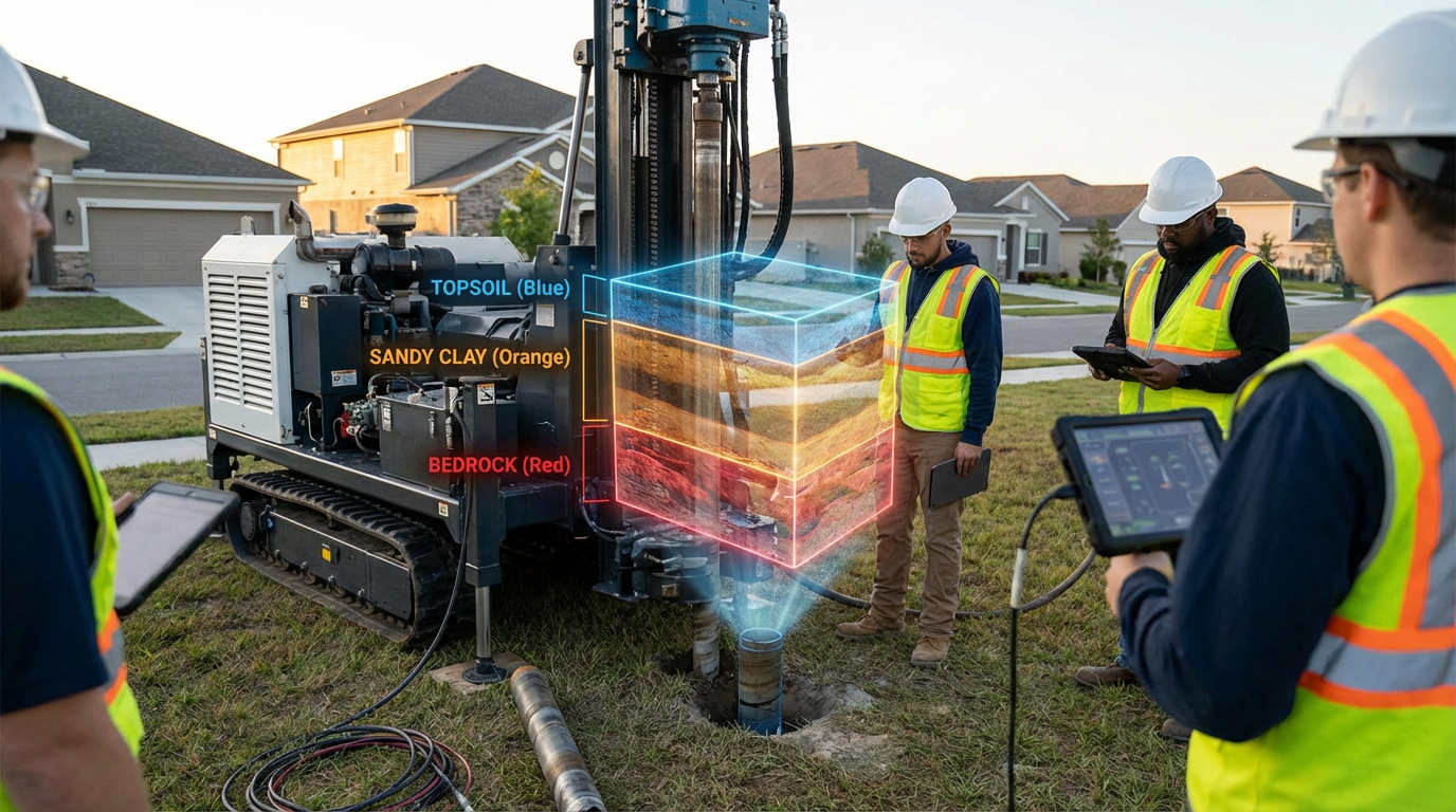 AI-powered geotechnical analysis with soil core samples and holographic soil layer visualization on a residential building site