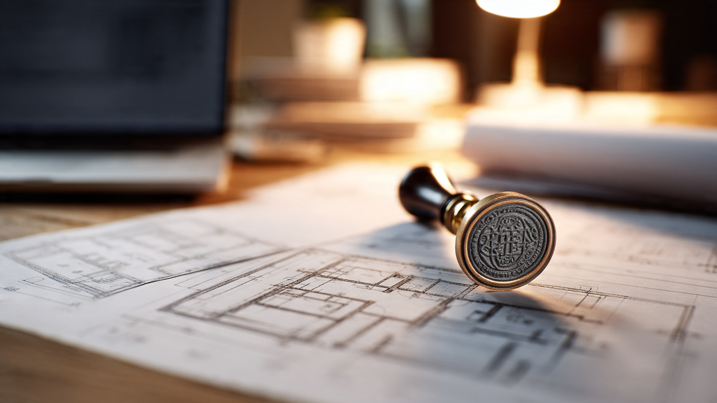 Architectural blueprints with a professional engineer's stamp next to a laptop showing AI-generated building plans