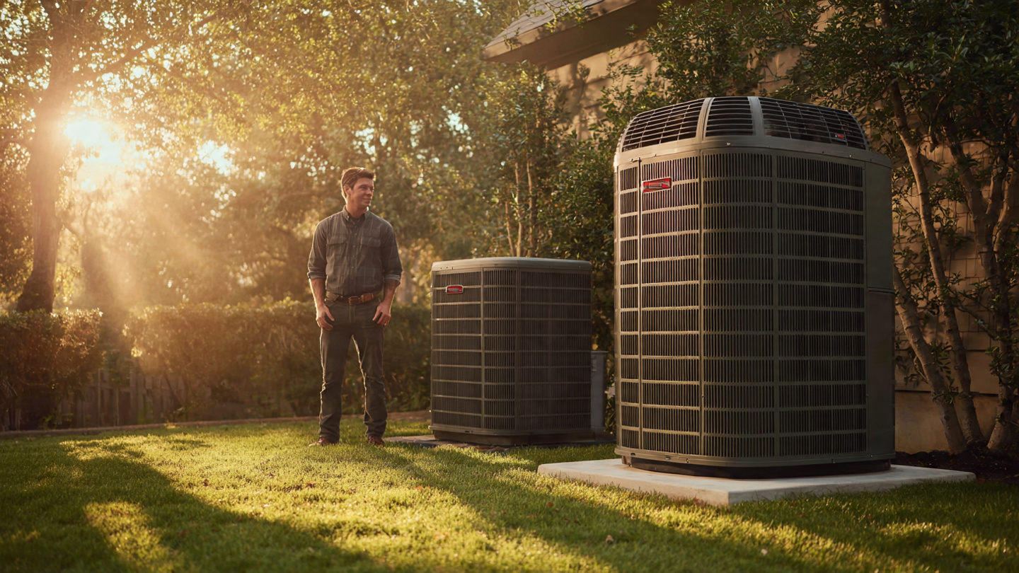 A residential HVAC technician standing beside two heat pump condensers of vastly different sizes