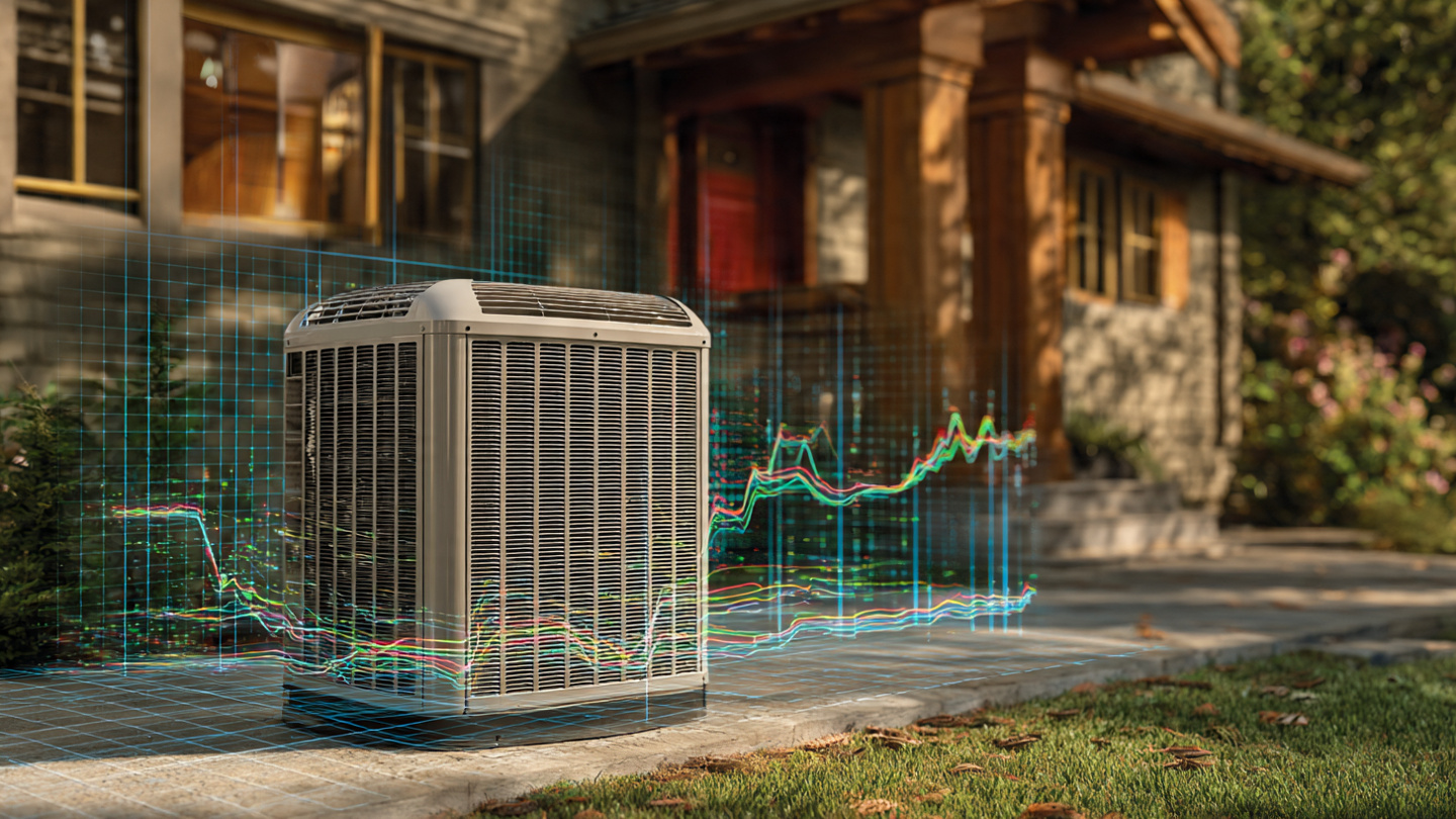 Outdoor heat pump condenser unit beside a residential home