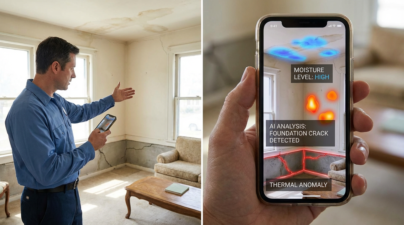 Home inspector using AI-powered smartphone app to analyze wall defects during a pre-purchase inspection