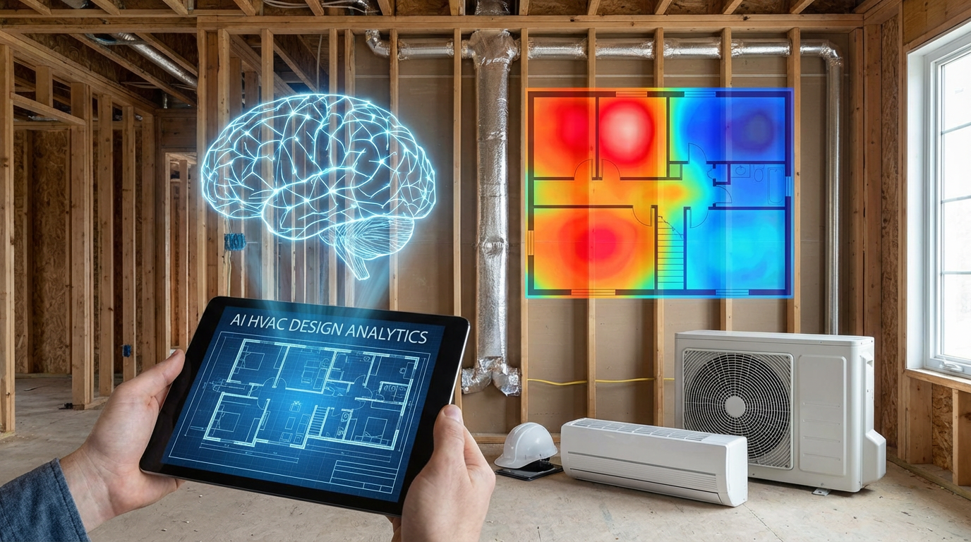 AI-powered HVAC system design on digital blueprint with heat zone visualization