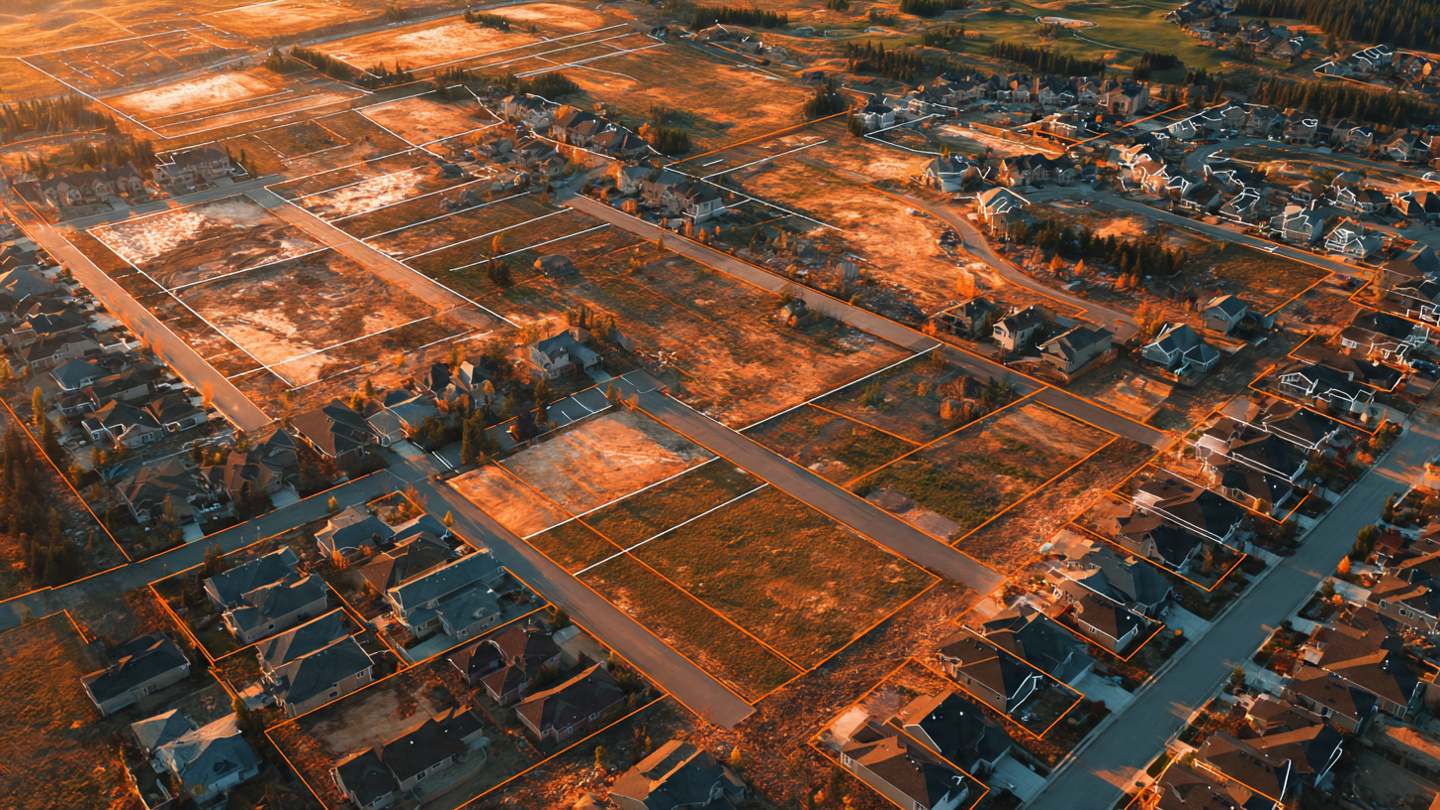 Aerial view of undeveloped residential parcels with overlaid digital grid analysis markers