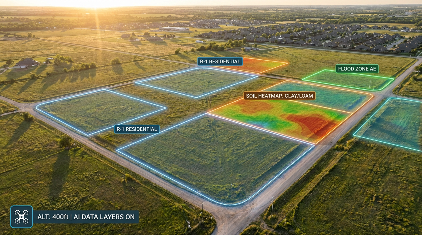 Aerial view of undeveloped land parcels with AI data overlays showing zoning and soil analysis