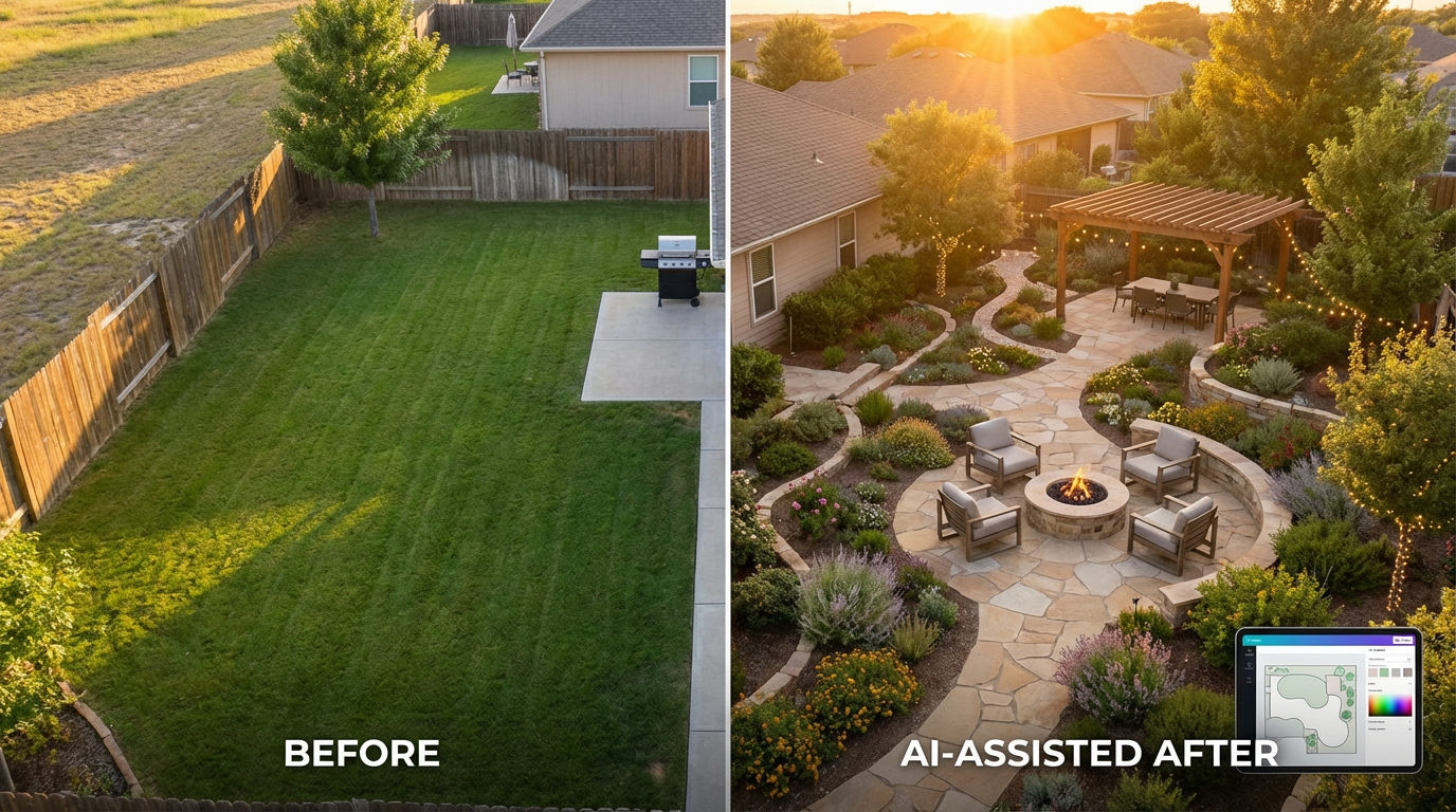 Split view of a plain suburban backyard being transformed by AI landscape design into a beautifully designed outdoor living space
