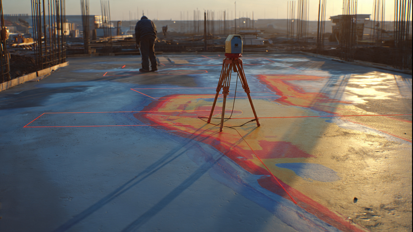 A laser scanner on a tripod scanning a freshly poured concrete slab