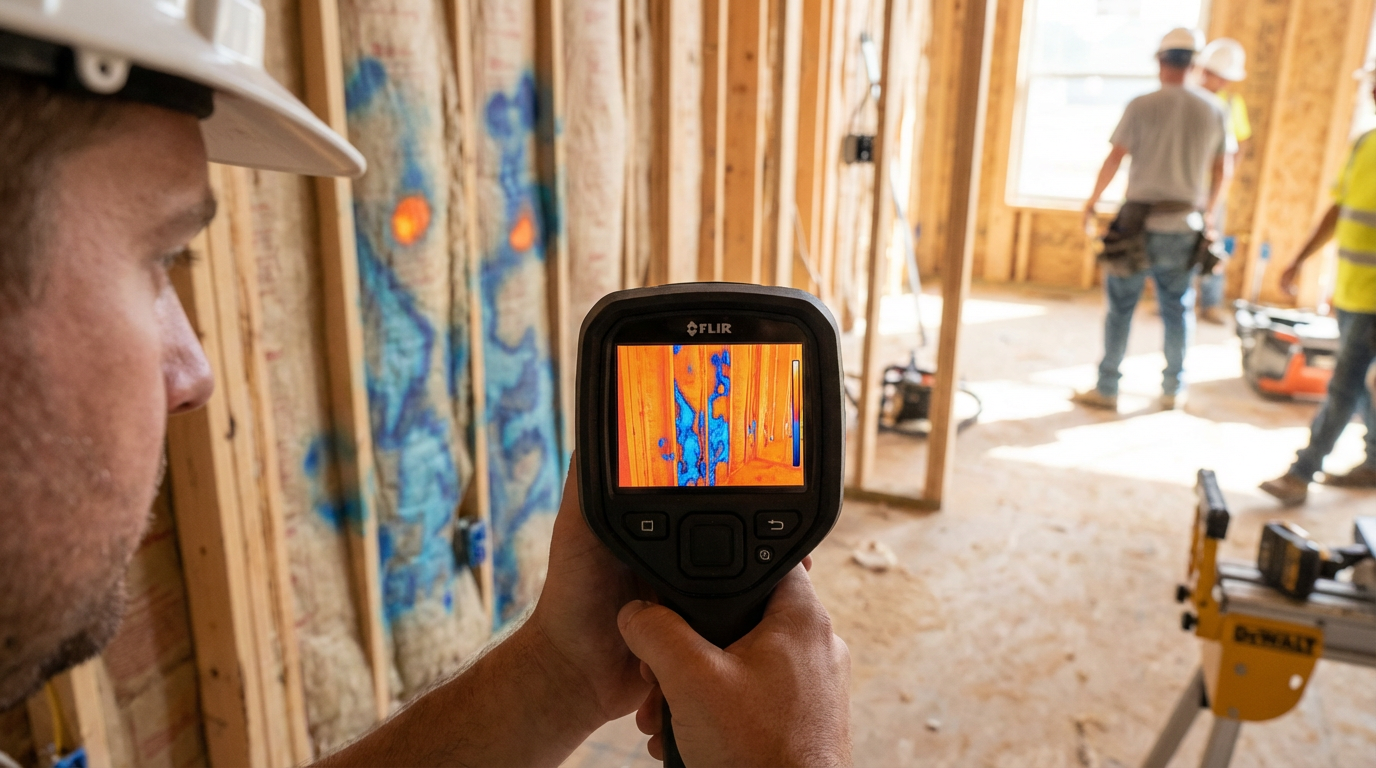 Thermal camera revealing moisture patterns in wall framing