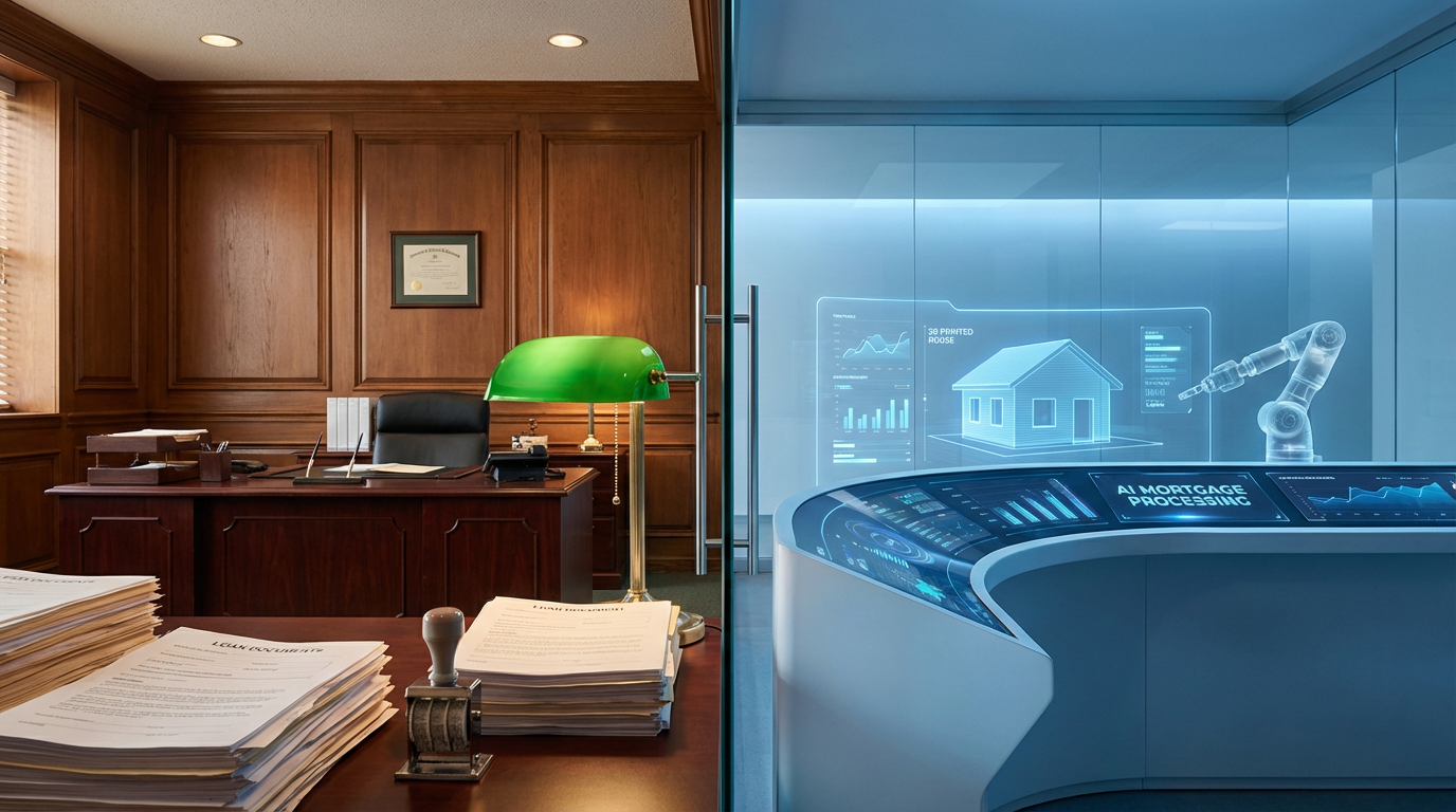 Split view of traditional bank loan processing versus AI-powered mortgage underwriting for a 3D-printed home