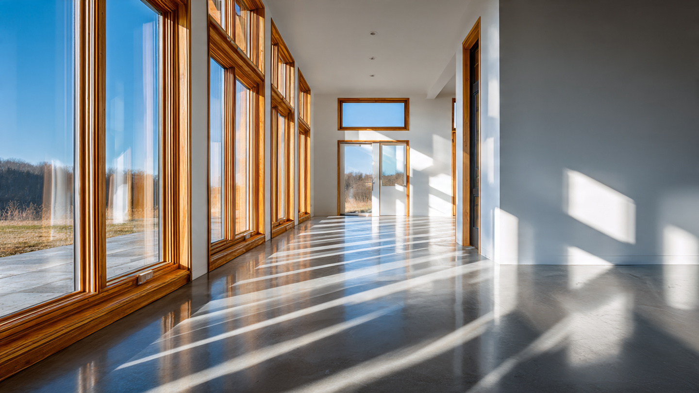 A bright, minimalist Passive House interior with floor-to-ceiling triple-pane windows, warm wood finishes, and crisp afternoon light