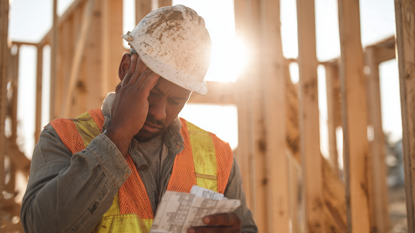 Construction workers reviewing time cards at a residential job site while a contractor uses a tablet with payroll software in the foreground