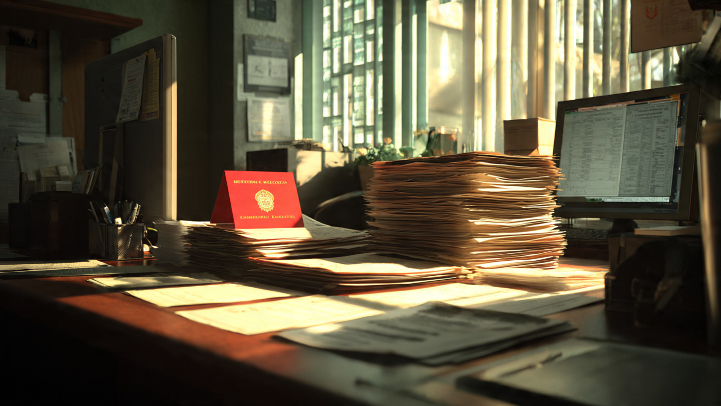 An empty government office desk with stacked permit applications