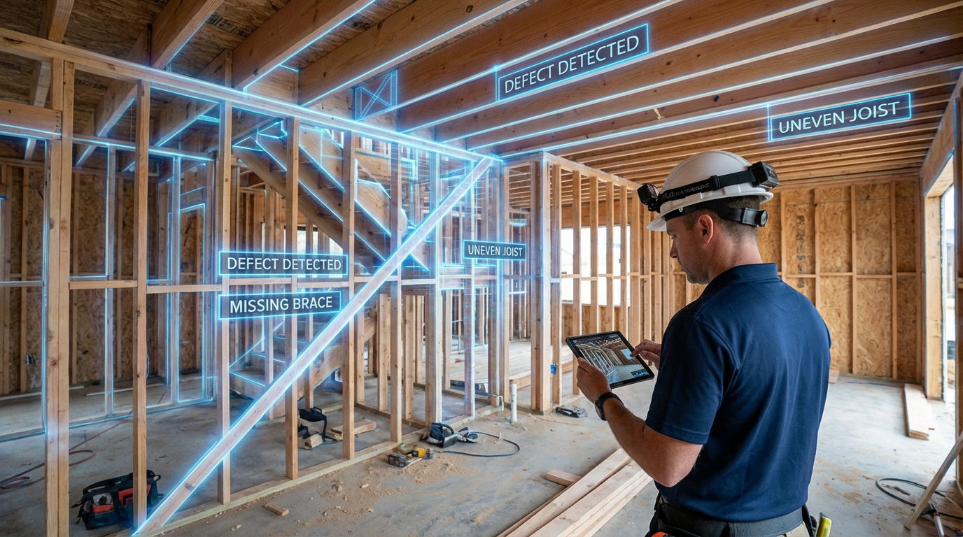 Construction worker with hardhat camera scanning framing for defects with AI overlay