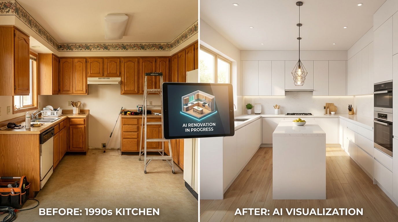 AI-powered home renovation visualization showing before and after kitchen remodel
