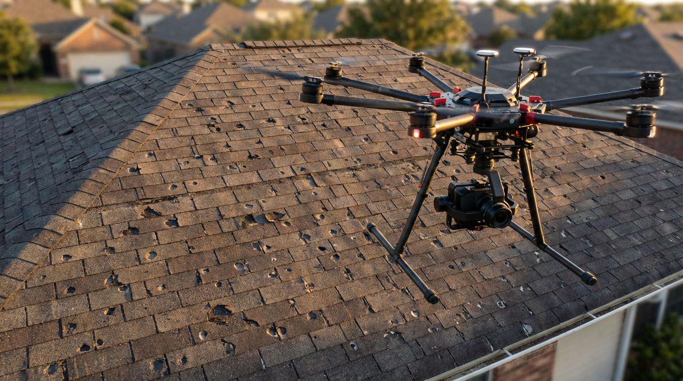 Drone hovering above residential rooftop inspecting shingles for damage