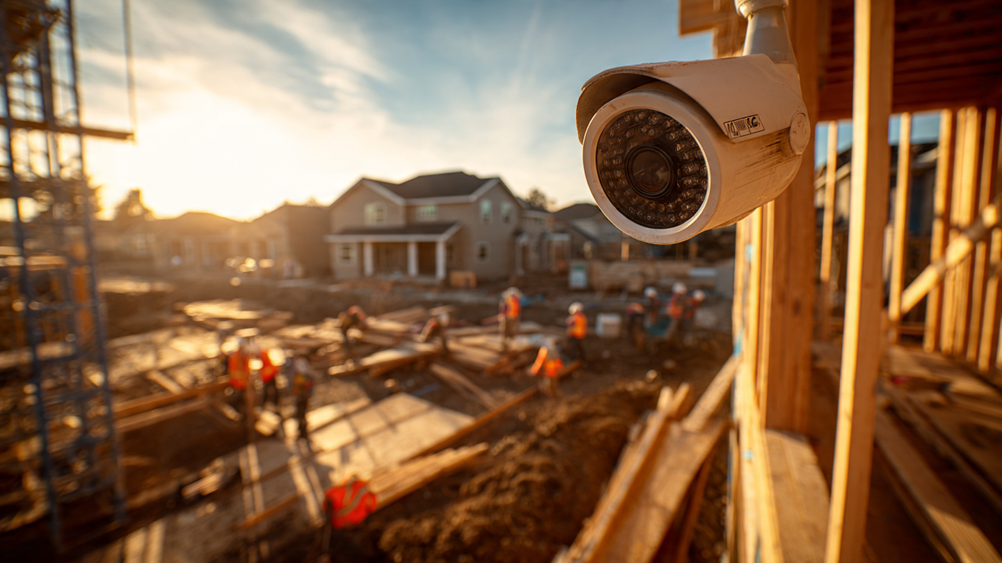 Security camera mounted on a construction site pole overlooking workers framing a residential building, warm afternoon light