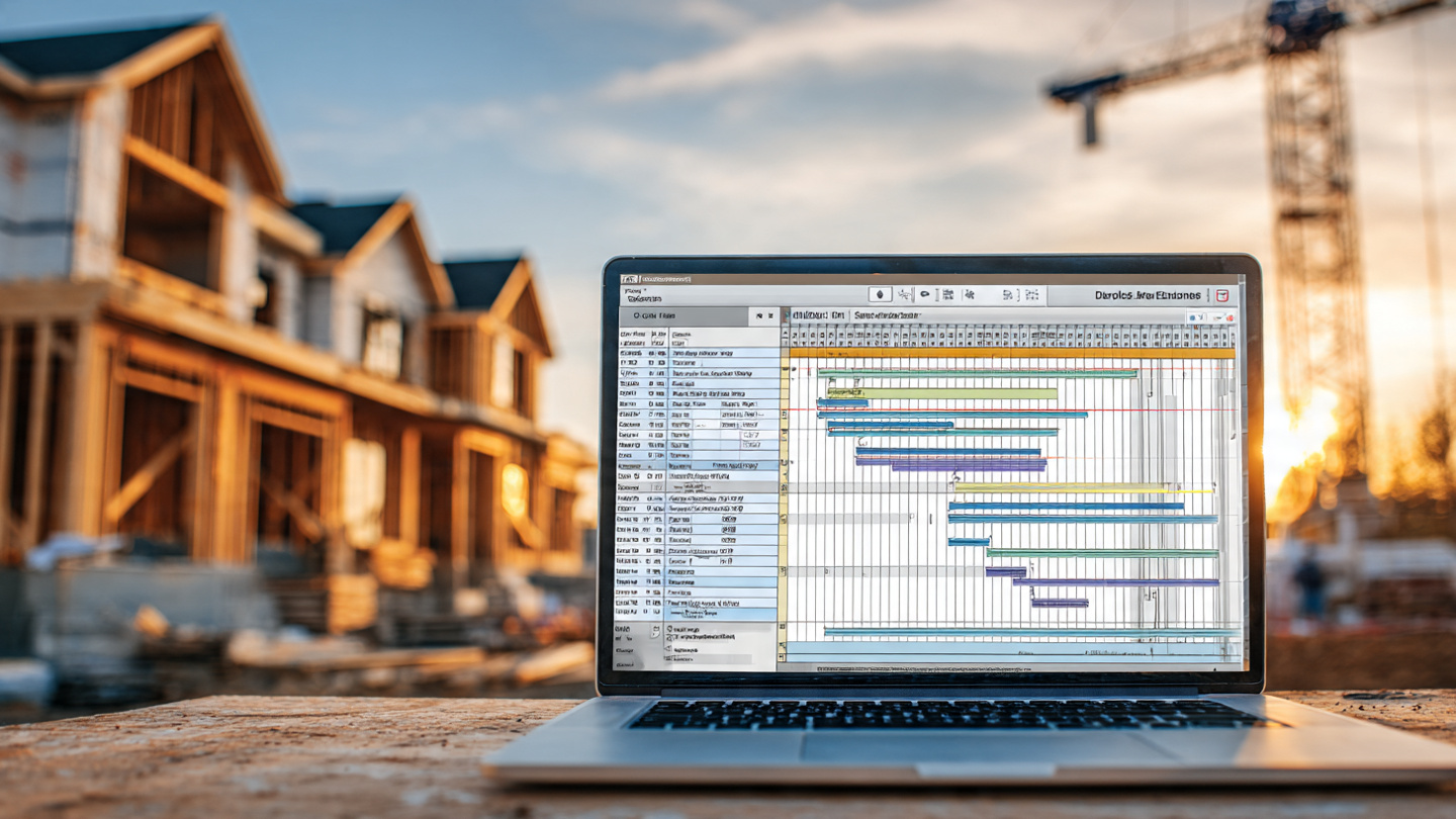 AI scheduling software screen with construction Gantt chart showing empty residential data gap