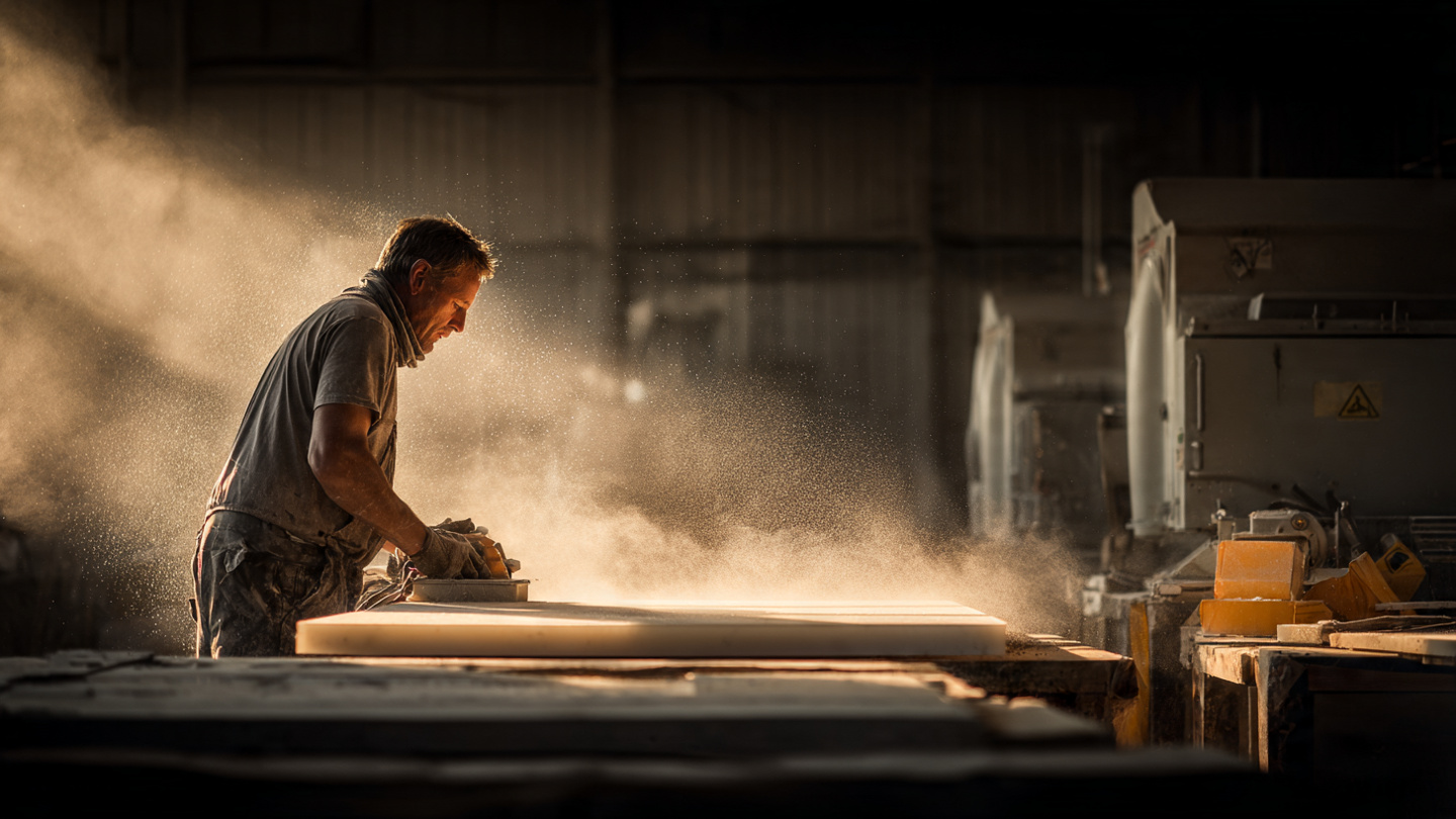 Worker cutting engineered stone countertop with visible dust cloud