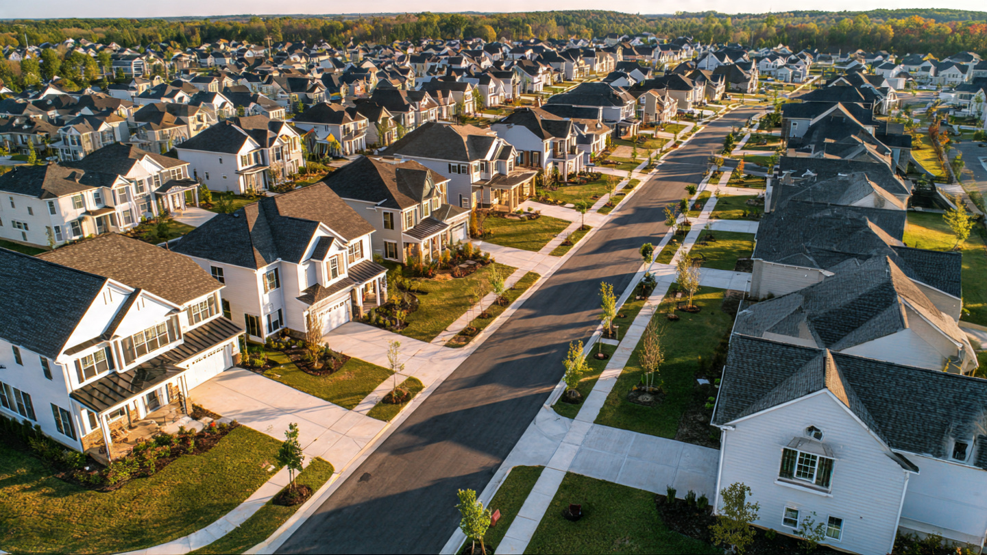 Aerial view of a suburban housing development with rows of newly-built spec homes and empty driveways