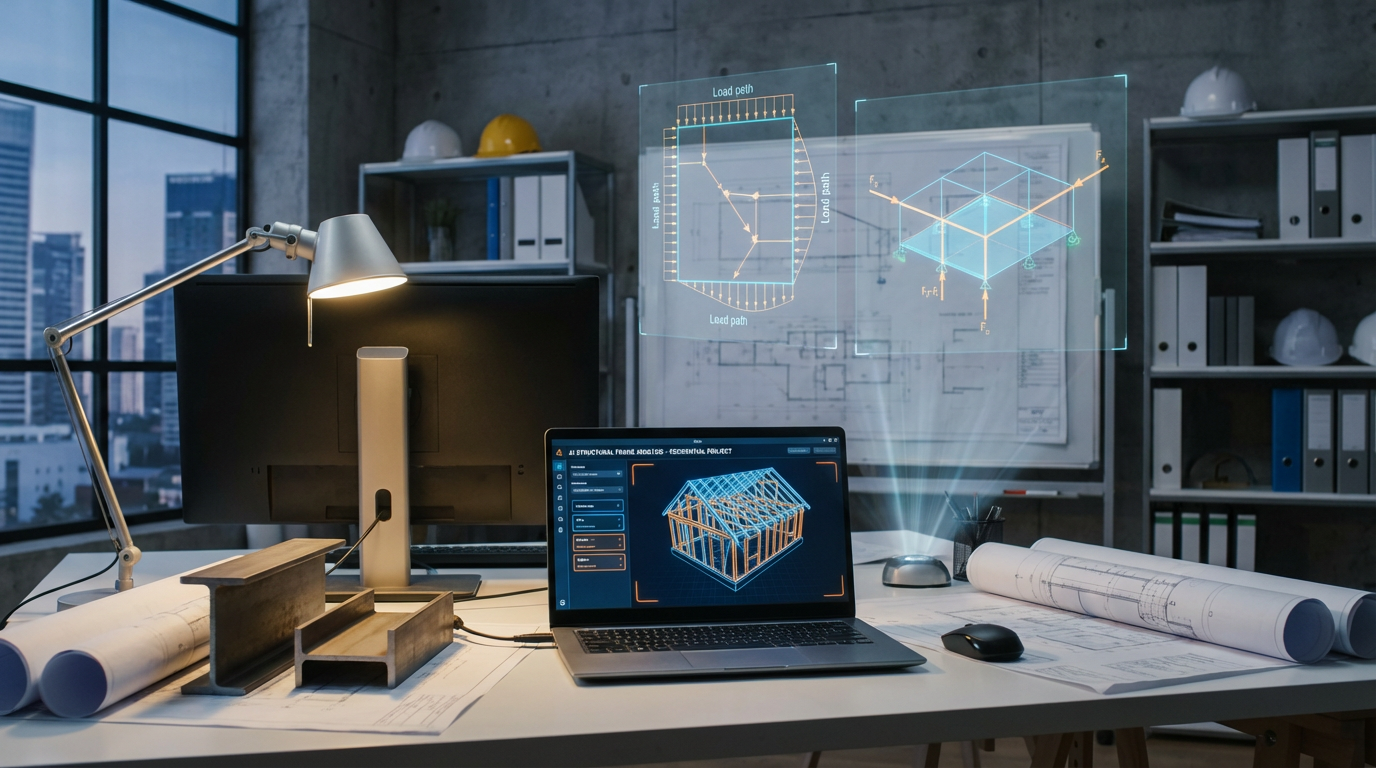 AI-powered structural analysis of a residential home frame with load path diagrams