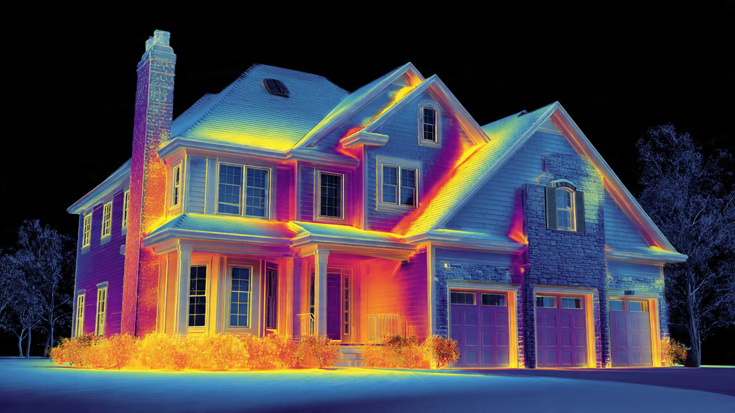 Thermal infrared image of a residential home showing heat loss patterns