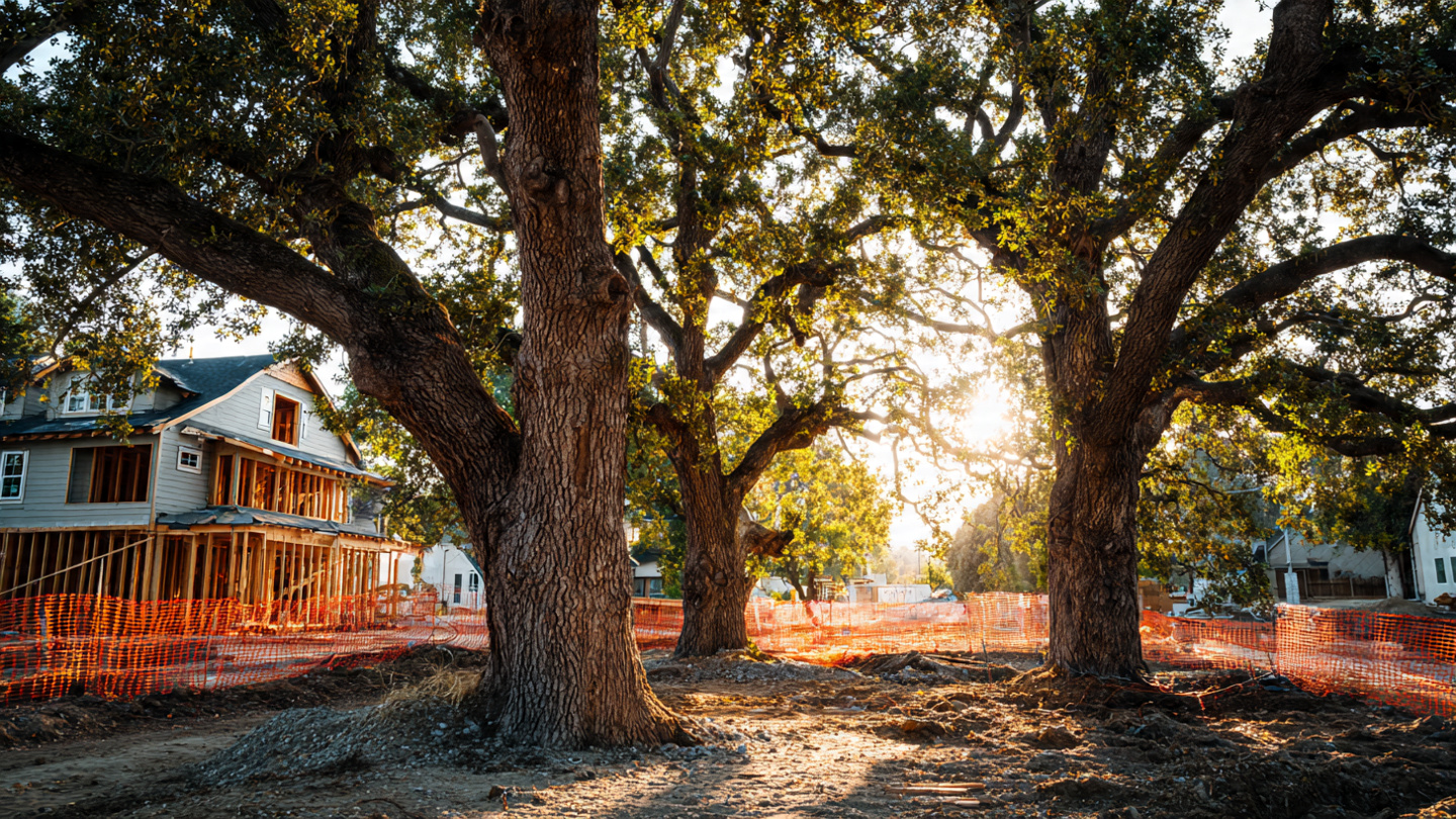 Mature oak trees on a residential construction lot with root protection barriers