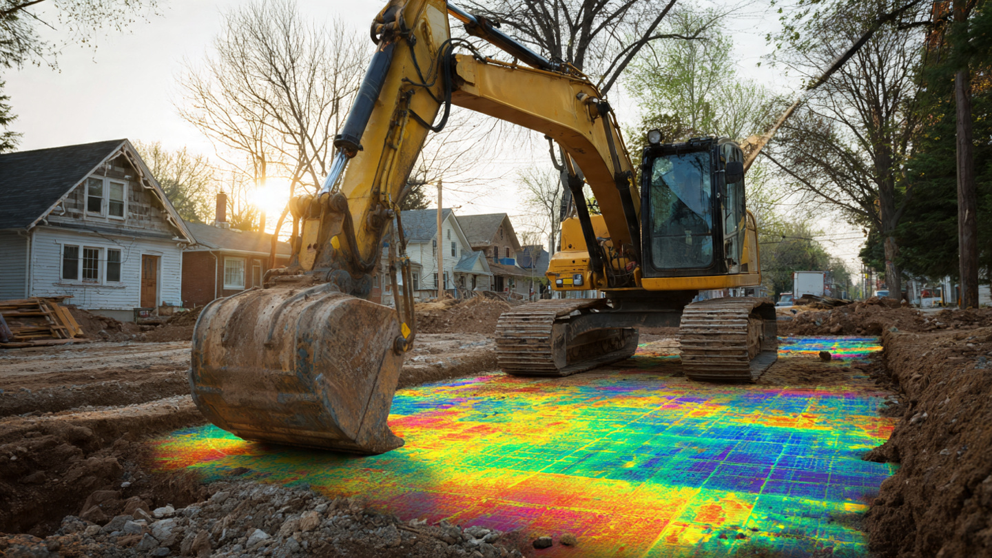 Excavator bucket with radar detecting buried utilities