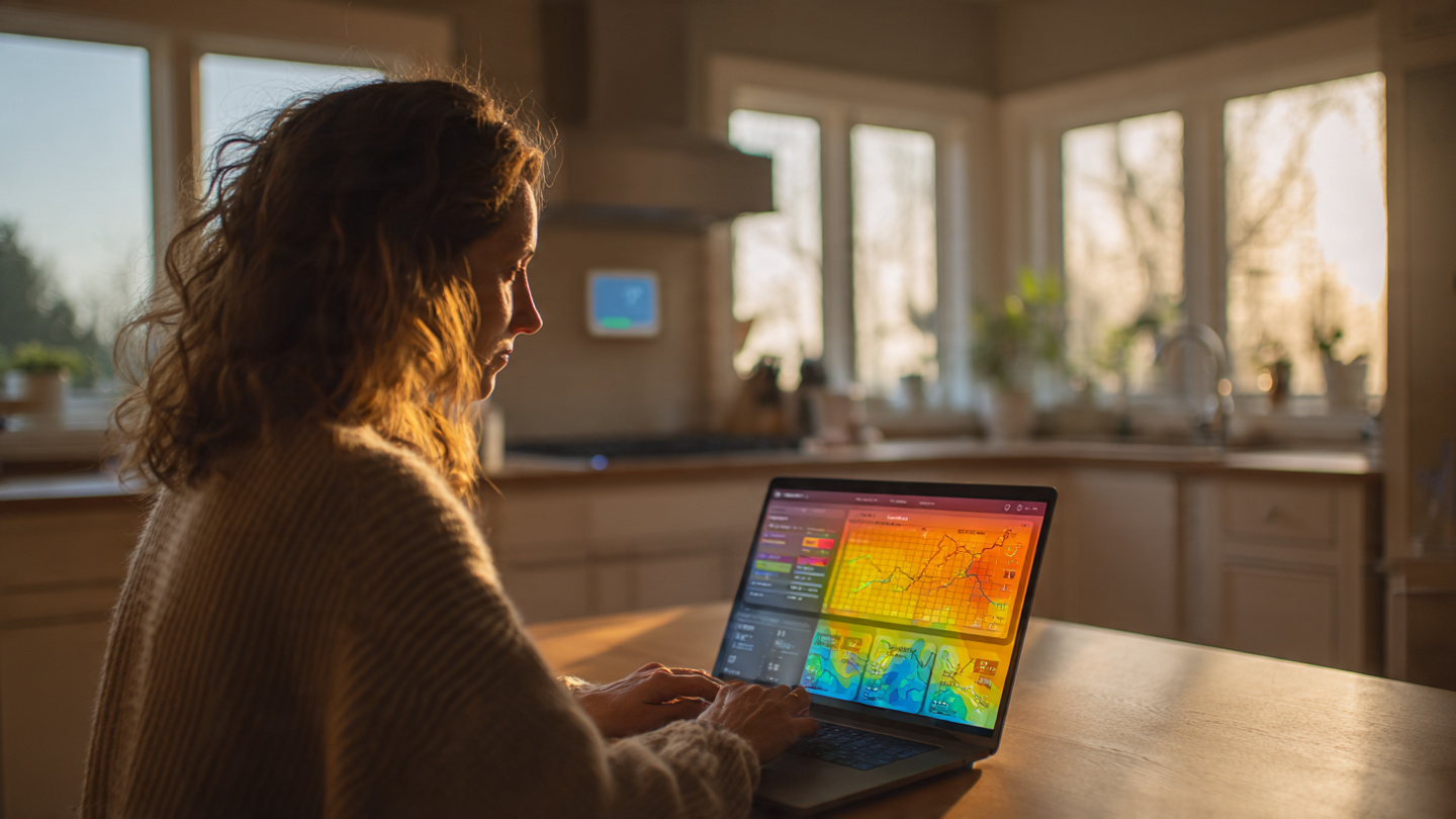A homeowner looking at a laptop showing a home energy performance dashboard