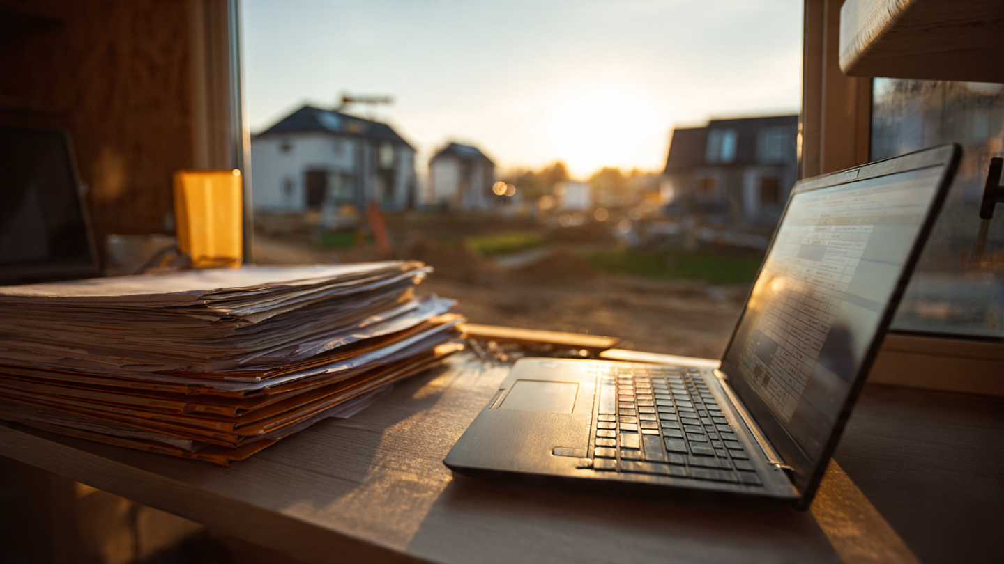 A project manager reviewing warranty claim spreadsheets at a construction site trailer desk