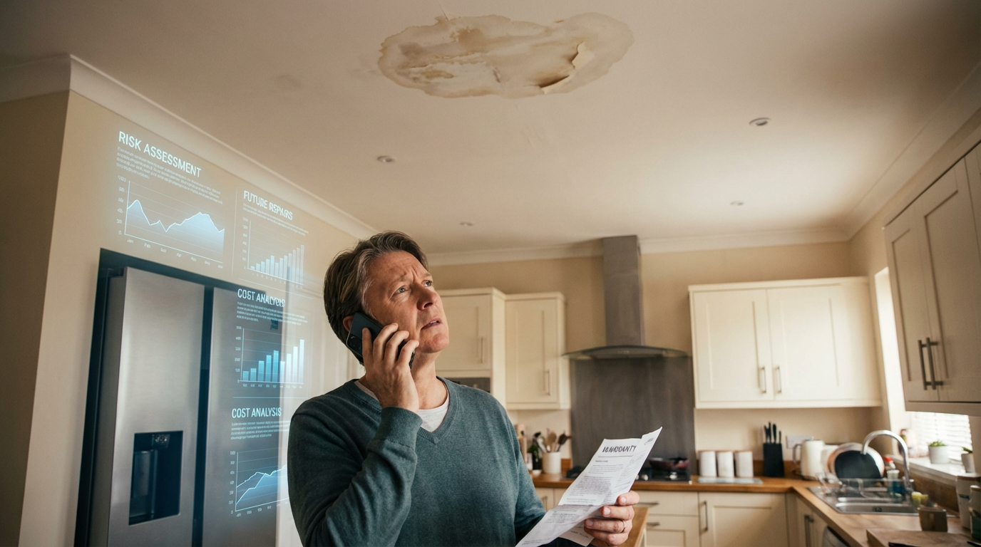 Homeowner reviewing warranty documents in a kitchen with water damage