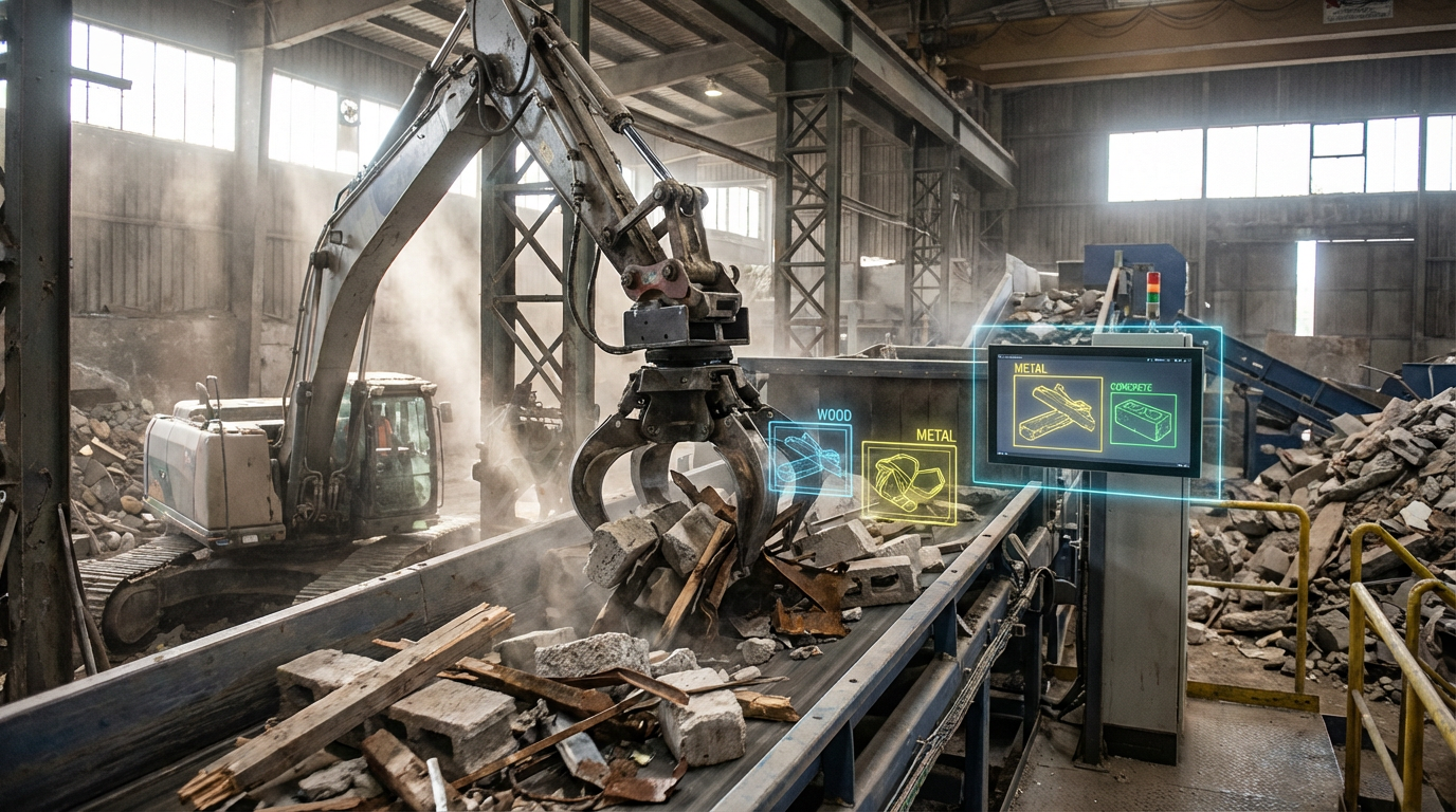 AI-powered robotic arm sorting construction demolition debris on a conveyor belt