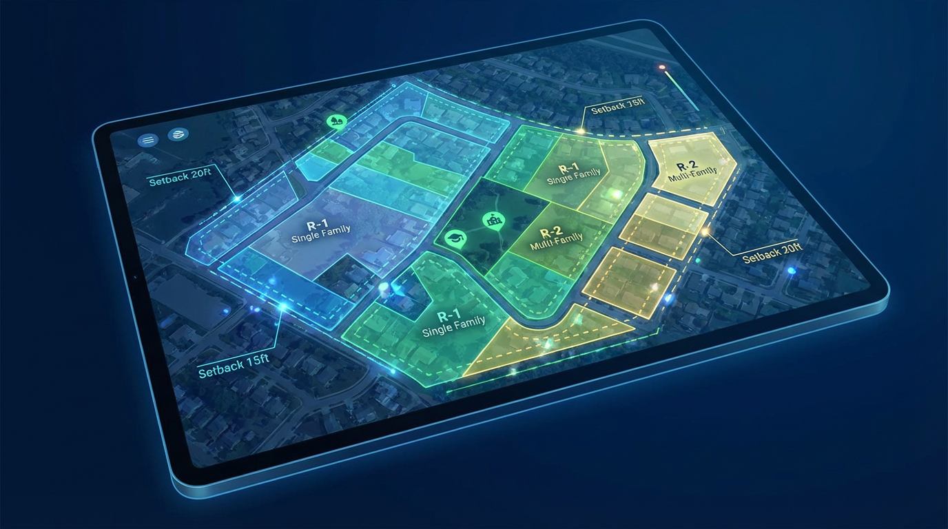 AI-powered zoning map overlay on suburban neighborhood
